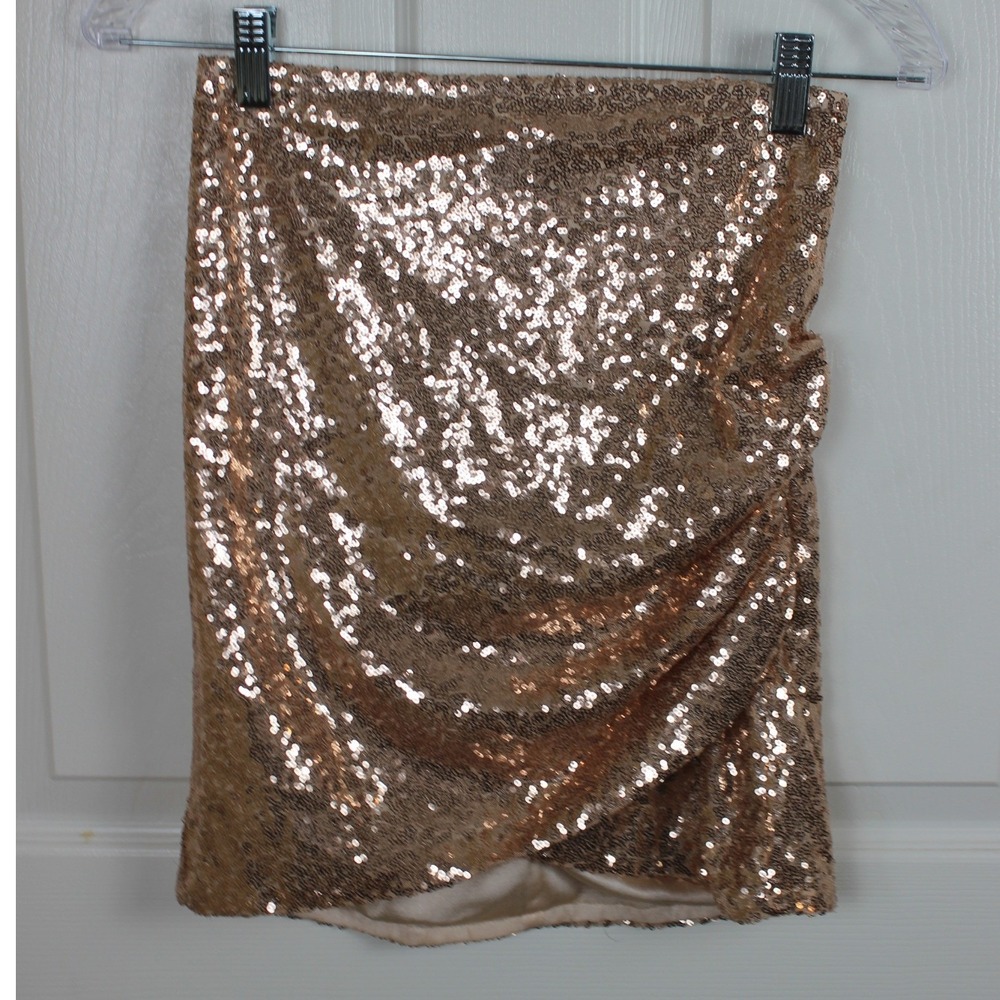 Anna-Kaci Rose Gold Sequin‎ Ruched Mini Skirt Sparkle Shine YBA0098ROS NWT S